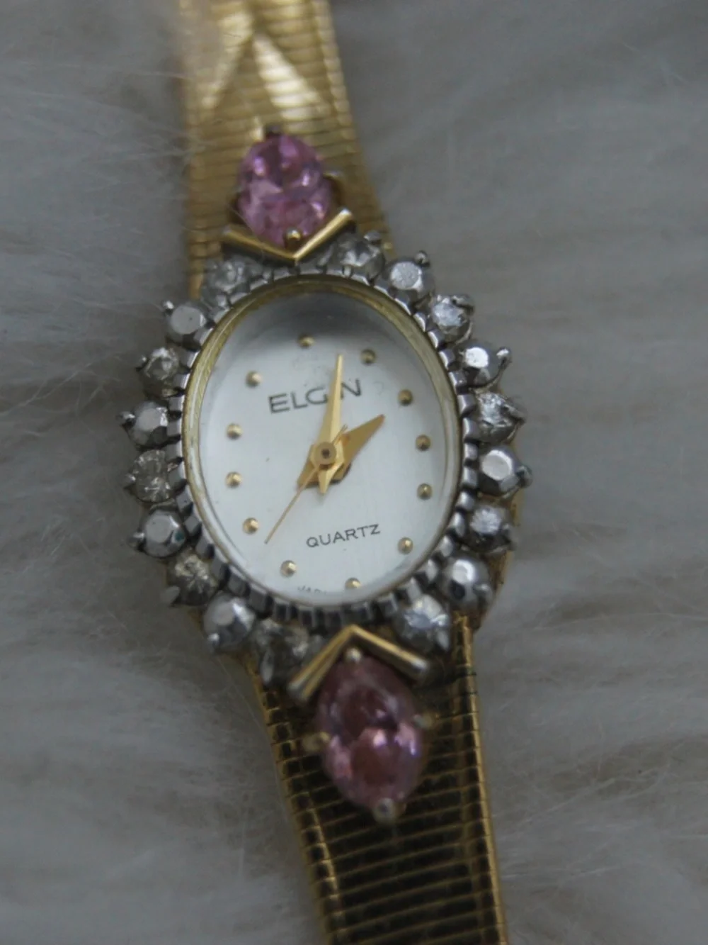 Vintage Elgin Watch Women 17mm Gold Silver Tone Purple Gem Oval Adj Band